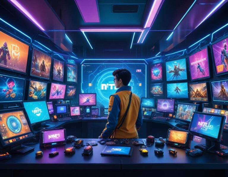 ห้อง แกลเลอรี NFT ลอย เหนือ แท่น คริสตัล การ์ด ผู้ เยี่ยมชม แตะ หน้าจอ โปร่งใส แสดง กระเป๋าเงิน